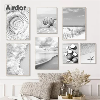Черно-бял плажен плакат във формата на раковини, морски природни пейзажи, на стенно изкуство, живопис върху платно в скандинавски стил, стенни художествени картини, интериор на хол