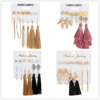MINHIN Модни обеци-капки с четки, комплект за жени, многоцветни Дълги обеци бохемски златен цвят, сватбени декорации за годеж