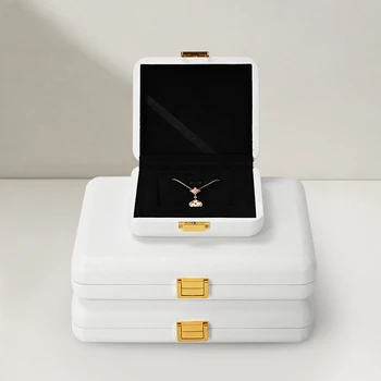 Бяла кожена ковчег за бижута, висококачествена кожена ковчег за пръстени, подарък кутия за обеци, кутия за съхранение на бижута