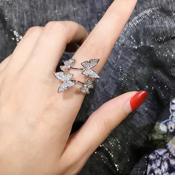 Регулируем пръстен с пеперуда от цирконий, Женски Отворен пръстен на показалеца и средния пръст за жени, бижута за сватбени партита, подаръци