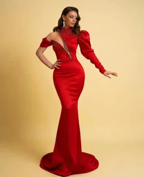 Червени Секси рокли за абитуриентски бал с пайети на едно рамо, вечерни рокли на Русалка 2024, просто дантелено атласное рокля за официални събития, сшитое по поръчка