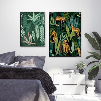 Плакати и щампи Cuadros с тропически леопард, животни от джунглата, листа монстеры, стенно изкуство, картини върху платно, картини за вашия интериор дневна