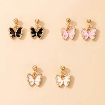 3 чифта / лот, Обеци-пеперуди с емайл, женски накити розово, бяло, черно, в насипно състояние, подарък на едно момиче за Свети Валентин