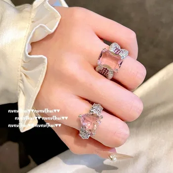Искрящ Розов кубичен цирконий, сребърни пръстени 925 проба за жени, сватбени окачване за годеж, луксозни модни бижута с геометричен дизайн, висока форма