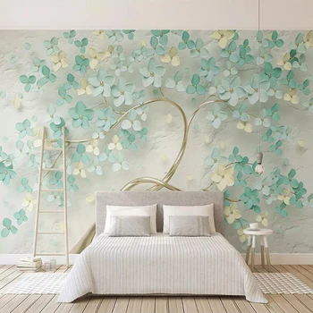 Потребителски 3D фотообои За стени спални 3D Релефни зелени цветя Нетканая рисувани стенни кът за Декорация на стените у дома