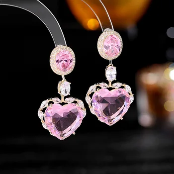Обеци с кристали и цирконии Mini Planet Romance Сърце За жени, Сребърни обеци-карамфил S925, Розови Модни бижута във формата на сърца
