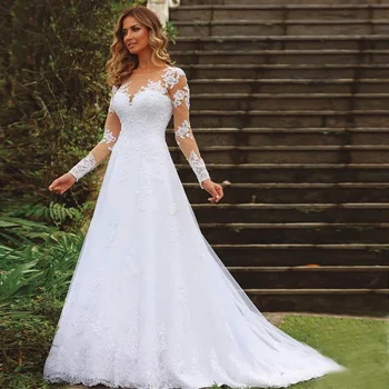 Елегантни бели сватбени рокли за жени 2022 г. Дантелени апликации, сватбени рокли трапецовидна форма, с дълги ръкави, рокля за булката Vestidos De Noiva