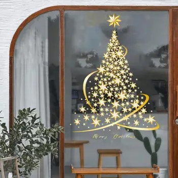 Стикер на прозореца, без лепило, Златни Двустранен стикер на прозореца под формата на елхи, многократна употреба празнична украса за парти със стикер за стъкло