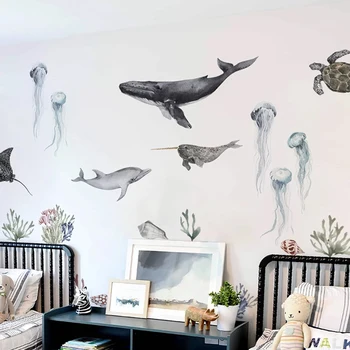 Декорация на детски стаи Тема на подводния свят Черупки кит, делфин, Морски животни Самозалепващи стикери за стена, изпълнени със собствените си ръце