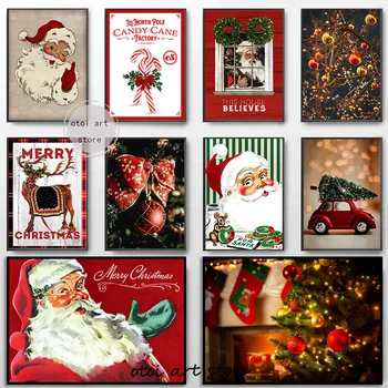 Ретро Коледа Дядо Коледа, Снежна Зима, Червен камион, Художествен плакат, картина върху платно, монтиран на стената принт, Картина за детска стая, Домашен декор