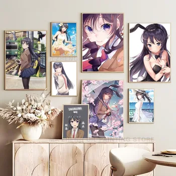 1бр аниме Май Сакурадзима, секси момиче, Кавайный плакат, Самозалепващи художествена водоустойчив книжен етикет с Декор на стените на кафене, бар