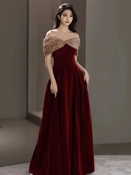 Жена елегантна Макси-Чонсам с деколте лодка, Луксозна вечерна рокля с пайети, Сетчатое Блестящо стилна рокля за банкет на известни личности.