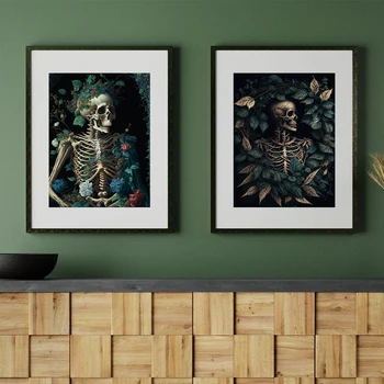 Ботаническата портрет на Скелета, артистични щампи, Готическия плаката с черепа, Ретро Цветя Скелет, платно, живопис, декорация за тъмна стая в къща