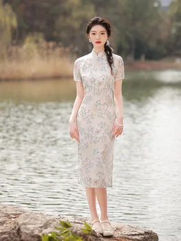 Традиционно Китайското женско Ципао от жаккардового шифон с дължина до коляното, лятна вечерна рокля Чонсам с яка-часова ретро стил в китайски стил