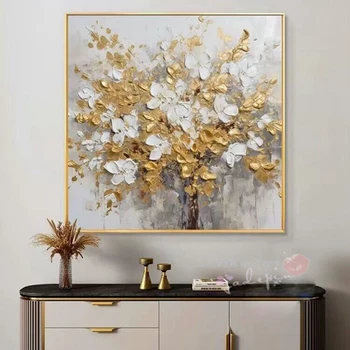 Европейската съвременната абстрактна живопис от златни листа и бели цветя, ръчно изработени с маслени бои, декорация спални, хол, трапезария и диван