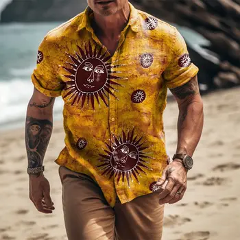 Реколта хавайска риза 2023 година за мъже, плажен отдих с 3D принтом Слънцето, Лятна тениска оверсайз, риза с къс ръкав