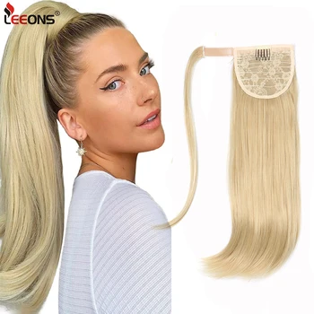 Изкуствени Дълга права коса Leeons за изграждане под формата на конска опашка, увит около клипове, Топлоустойчива режийни коса като конска опашка за жените-момичета