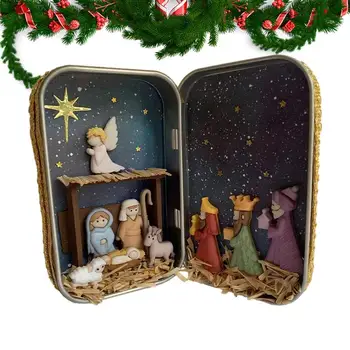 Тенис на Коледен Коледен Комплект Ръчно Рисувани Светото Семейство Религиозна Статуя на Коледната Сцена Кутия с Орнамент за Украса на дома