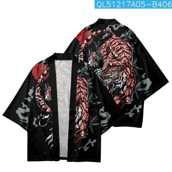 Черно традиционно японско кимоно с принтом тигър, лятна мъжка жилетка в стил укиес, хаори, дамски ризи улицата дрехи Harajuku