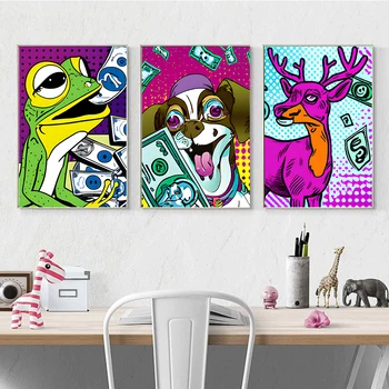 Цветен плакат с изображение на животни Забавен Вълк Делфин Мечка Куче Поп-арт Платно Картина Начало Декор на стената на хола Куадрос