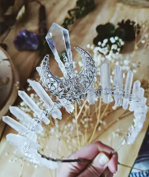 Аксесоари За Коса Wicca Необработанная Crystal Crown Бяла Прозрачна Куха Луната Диадеми Лента За Глава Магьосничество Сватбен Фестивал На Подаръци За Жени