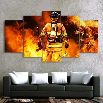 5 Теми Стена на изкуството върху платно Пожарникар В огън Плакатная Живопис Модулна печат Хол рисувани Стенни спални Начало декор Калиграфия