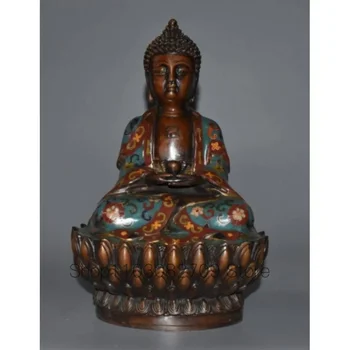 28.5 Изящна Бронзова Статуя на Буда Шакямуни, с Резба по Емайл от Мед