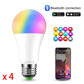 4шт Безжична Bluetooth Smart-лампа LED 15 W RGB RGBW Вълшебна Лампа E27 B22 Промяна на цвета на електрически Крушки Умно Домашно Осветление, с Регулируема Яркост
