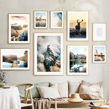 Картина върху платно в скандинавски стил Синята Планински орел, Лосове, Горското езеро, Тръстика, плакат, Фоново изображение за декорация на стените в хола