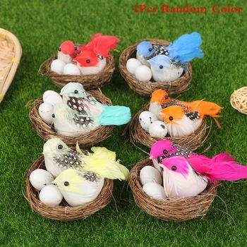 1 комплект Изкуствени птици с пера, гнезда и яйца, Креативна Скулптура птици