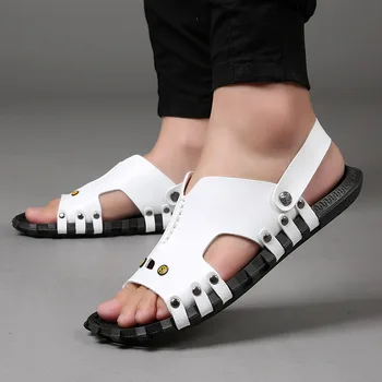 Модерен Мъжки сандали, однотонная Мъжки летни обувки от естествена кожа, удобни ежедневни сандали с отворени пръсти, хладно плажни обувки за мъже