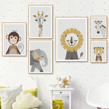 Жираф, Зебра, Лъв, Слон, Маймуна, плакати на скандинавскую тема, стенни рисунки, платно, живопис, животни, стенни рисунки, Детска стая