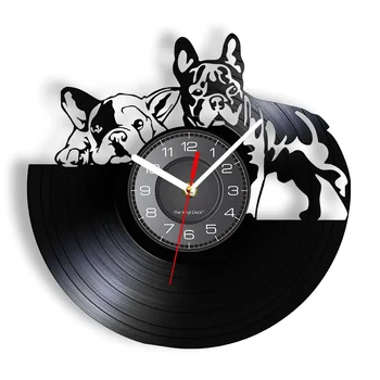 Френски булдог Двойка стенни рисунки Начало декор Стенни часовници от винил плочи Модерен кученце Стенни часовници Порода кучета Подарък на собствениците на кучета