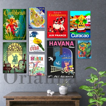 Плакат за пътуване в Америка, Карибския басейн, Хавана, Куба, Барбадос, Кюрасао, Хаити, Карибски басейн, Pan Am Travel, Ретро декорация за стени, принт