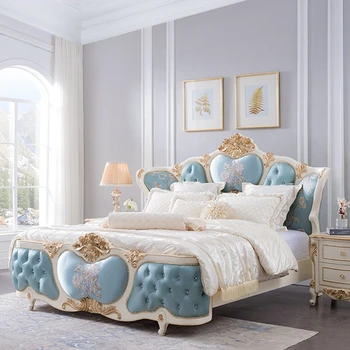 Придворная френски мебели Луксозна висококачествена Европейска тъканно легло от масивно дърво Легло принцеса в основната спалня и 1,8 м Сватбена легло F6