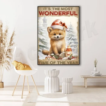 Коледен плакат с лисици ръка, това е най-прекрасното време на годината, Коледни изкуство, плакат с лисици ръка с Коледа, подарък за влюбени в Коледа
