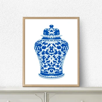 Синьо-бял печат в банката с джинджифил, елегантна живопис върху платно стил шинуазри, синьо-бяла ваза в стил шинуазри и порцеланови картини Giclee