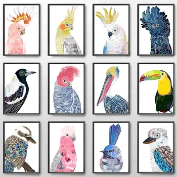 Цветни птици Пеликан, Какаду, Тукан, Папагал, плакати, щампи, живопис върху платно, Птици, животни, Стенно изкуство, живопис за домашен декор на стаята
