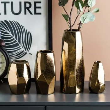 Североевропейские леки луксозни златни вази геометрична форма, с неправилна форма, европейски и американски керамични декорации от сухи цветя, с покритие покритие