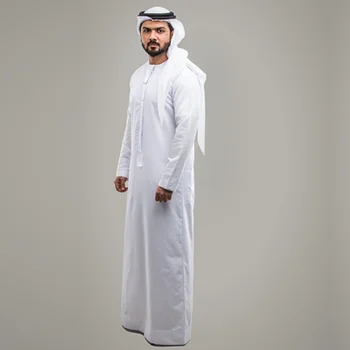 Национален костюм Мъжки мюсюлманска дрехи Бели халати Джубба Тоби с дълъг ръкав Дубай Мъжете на Близкия Изток, ислямски арабски Кафтан шапки
