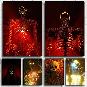 Абстрактен Нажежен плакат със Златен Череп, принт на платно с червено виртуален скелет, Стенно изкуство, картина със Златен стълб за домашен интериор дневна