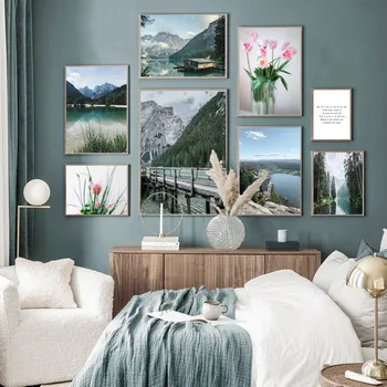 Плакат с северният пейзаж, картина върху платно, стенно изкуство, пейзаж, планинско езеро, цветен плакат и принт за модерният домашен интериор дневна