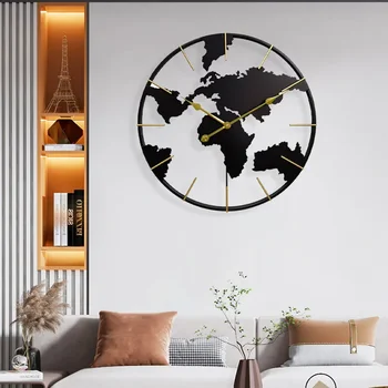 Модерните стенни часовници и за декорация на верандата Карта на света кръгли модни стенни часовници от ковано желязо