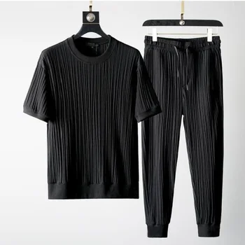 2023 Нова лятна тениска и панталон, костюм от ледената коприна, комплект от две части, Тънък случайни спортен костюм, мъжки модерни панталони, комплект Плюс размер