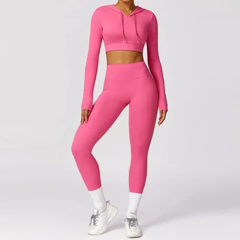 Жена комплект за йога, 2 броя, безпроблемна спортно облекло за тренировки, дрехи за фитнес, съкратен топ с дълъг ръкав, гамаши, с висока талия, спортни костюми