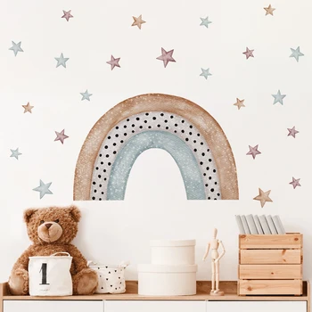 Мультяшные Акварели етикети с дъга Звездите в стил Бохо за детска стая, спалня за момчета, Декоративна детска стая, винил декор от PVC