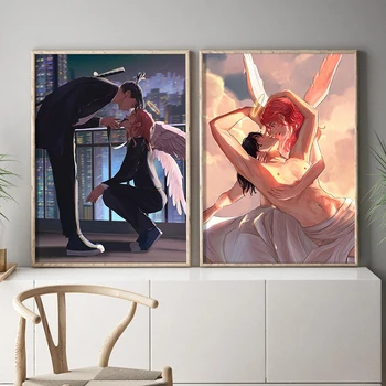 Японското аниме Човек-резачка Плакат Подарък фанату Аки Хаякава и Ангел-дявол Картина върху платно Домашен Стенен арт декор