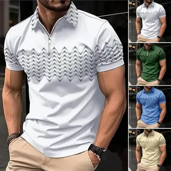 Мъжка тениска с къс ръкав, мъжки лятна риза с яка с цип, Оборудвана дишаща топ в тон с мек усвояване на пот