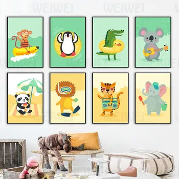 Картина за декорация на детската стая, мультяшное животно, Маймуната, Penguin, крокодил, Коала, Панда, Лъв, Тигър, Слон, платно за всекидневната, плакат