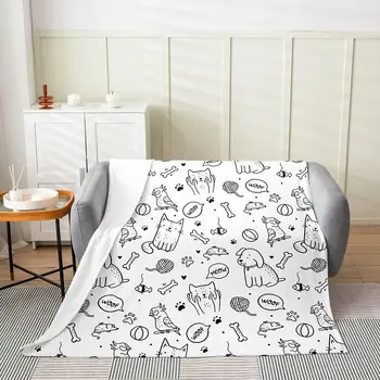 Фланелевое флисовое одеяло за кучета и котки, Легло с красиви мультяшными костите под формата на лапи на домашни любимци, супер Меко одеяло, за деца-тийнейджъри, черно-бяло